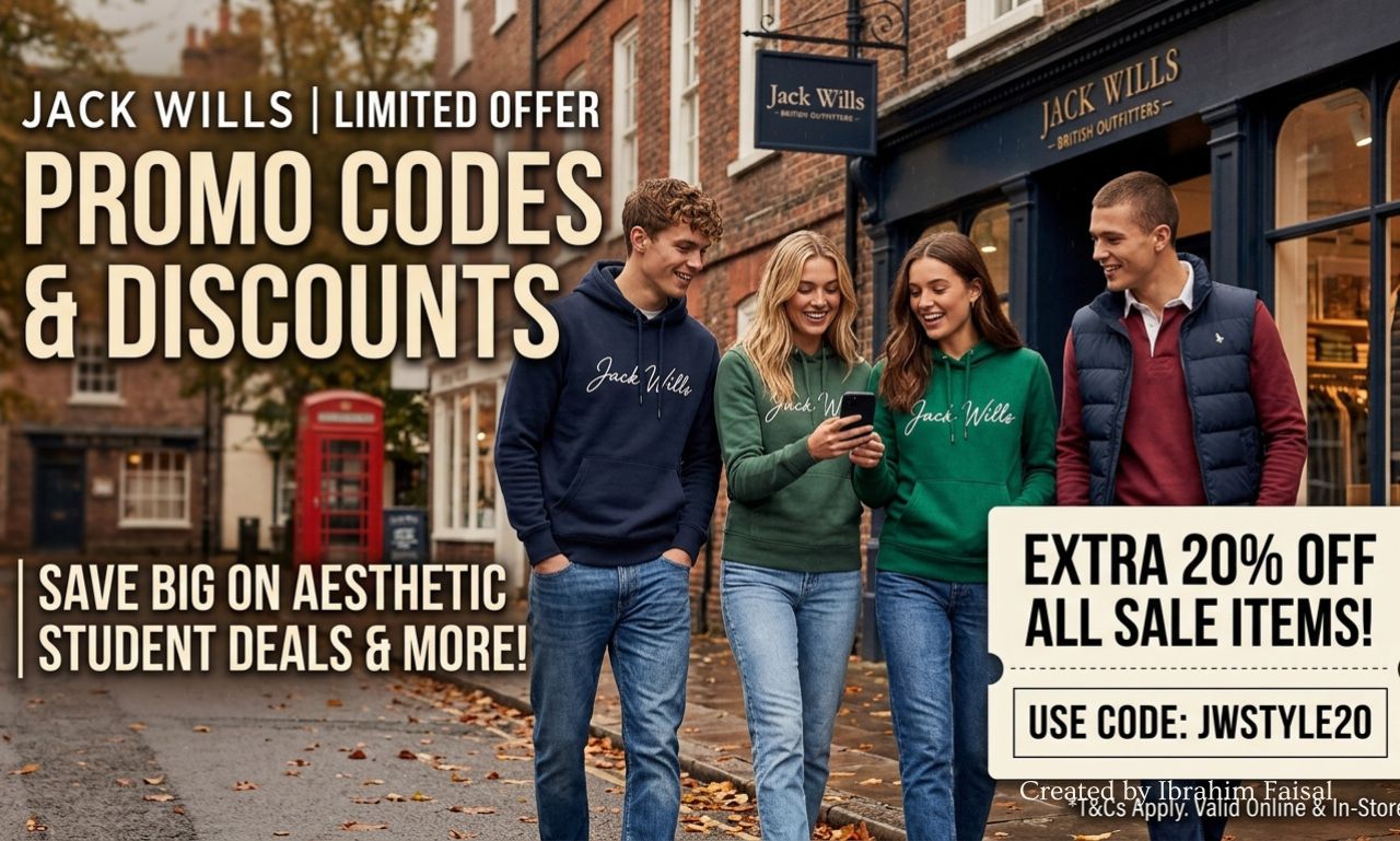 Jack Wills online store featuring clothing and a promo code discount banner.