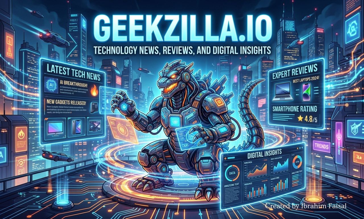 Geekzilla.io technology website homepage on a desktop screen
